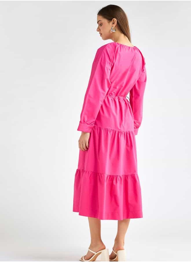 Solid Tiered Long Sleeves Dress with Cord Lock Waist