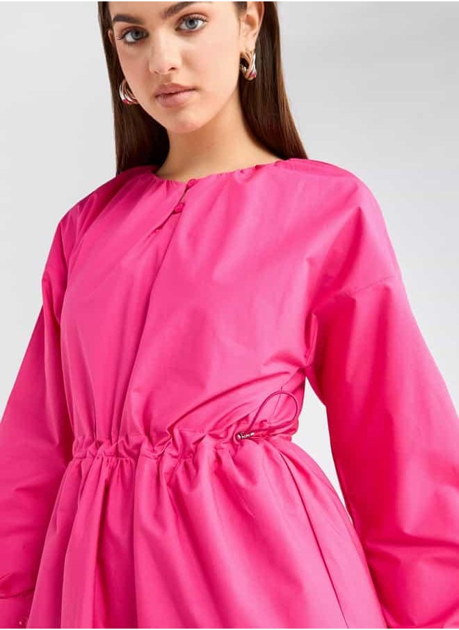 Solid Tiered Long Sleeves Dress with Cord Lock Waist