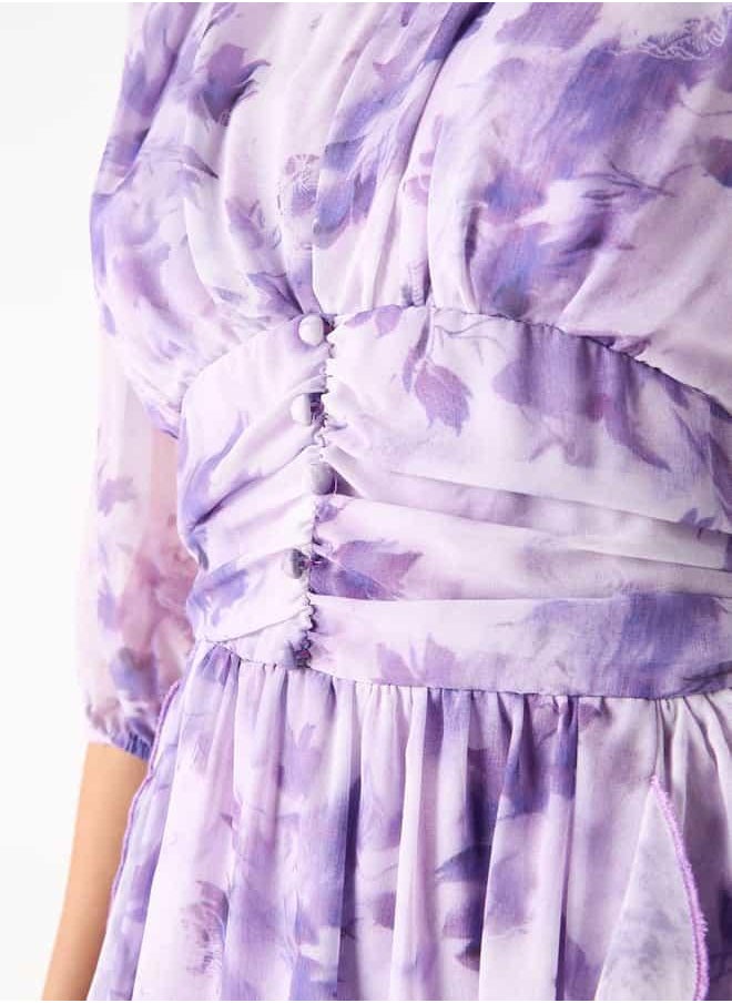2Xtremz Floral Print Midi Ruffle Dress with Pleat Detail