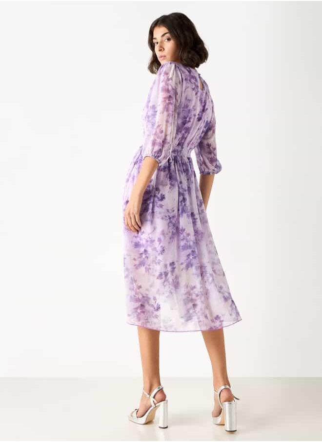 2Xtremz Floral Print Midi Ruffle Dress with Pleat Detail