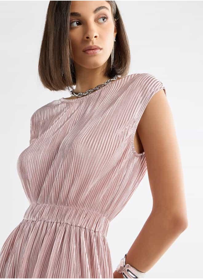 All-Over Pleated Sleeveless Dress with Round Neck