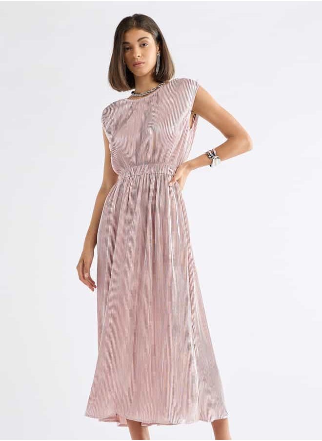 All-Over Pleated Sleeveless Dress with Round Neck