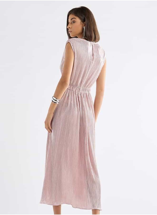 All-Over Pleated Sleeveless Dress with Round Neck