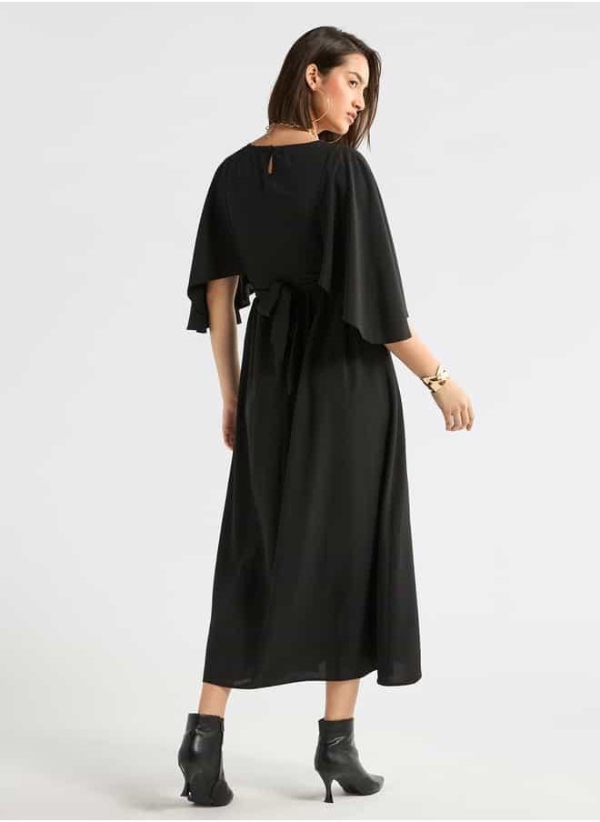 Solid Midi Dress with Flutter Sleeves and Tie-Up Belt