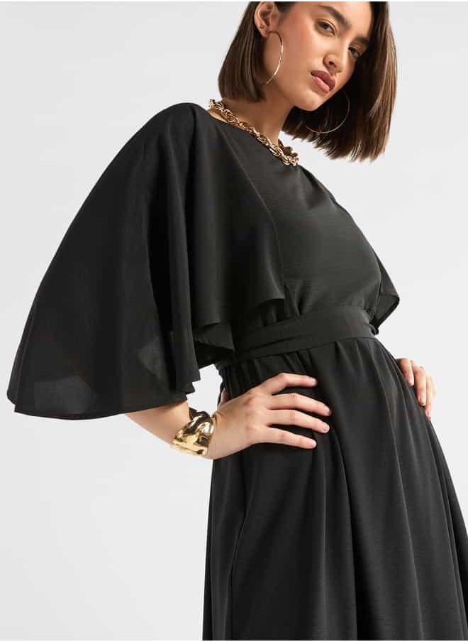 Solid Midi Dress with Flutter Sleeves and Tie-Up Belt