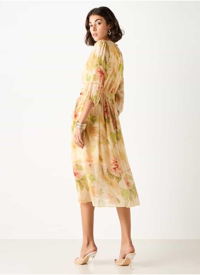 2Xtremz Floral Print Midi Ruffle Dress with Pleat Detail