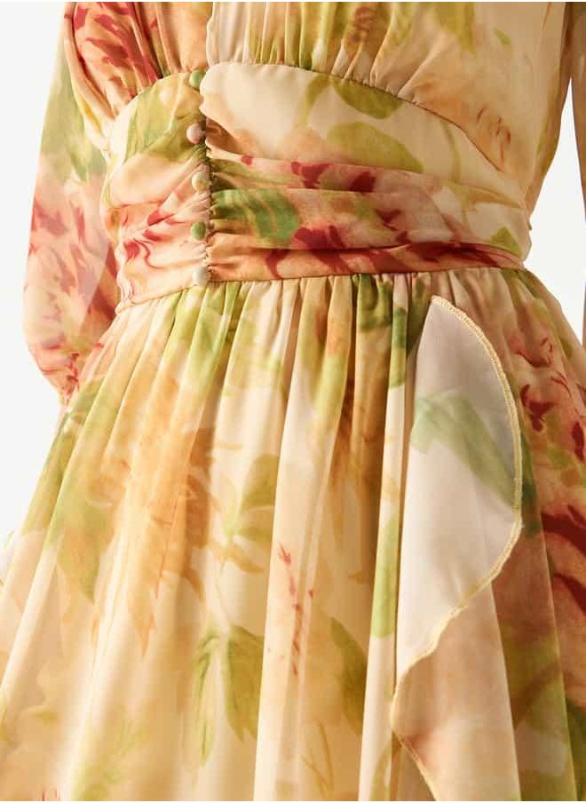 2Xtremz Floral Print Midi Ruffle Dress with Pleat Detail