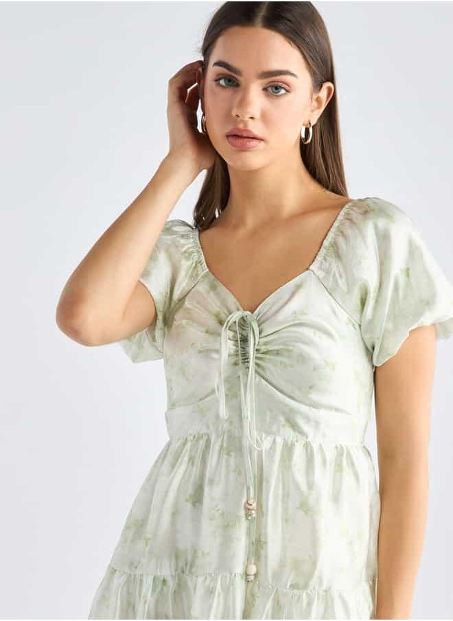 Floral Print Tiered Dress with Sweetheart Neck and Short Sleeves