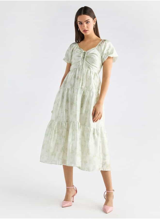 Floral Print Tiered Dress with Sweetheart Neck and Short Sleeves