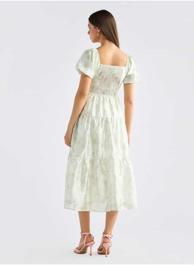 Floral Print Tiered Dress with Sweetheart Neck and Short Sleeves