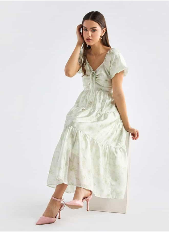 Floral Print Tiered Dress with Sweetheart Neck and Short Sleeves