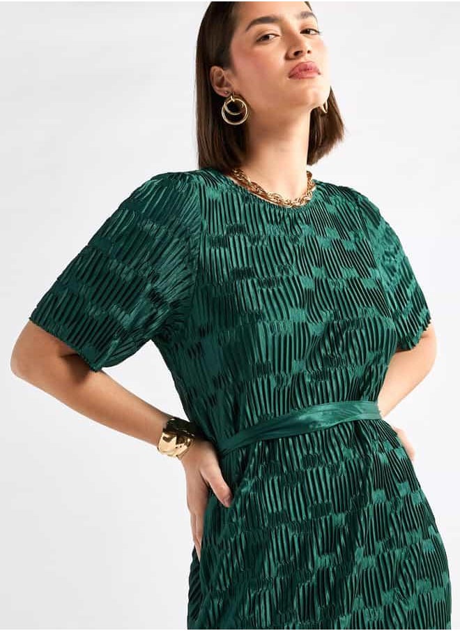 Textured Round Neck Dress with Short Sleeves and Tie-Up Belt