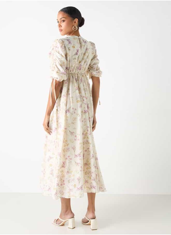 2Xtremz Floral Print Midi Dress with Round Neck and Tie-Up Detail