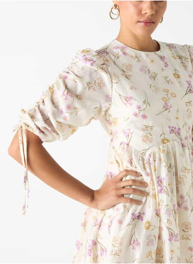 2Xtremz Floral Print Midi Dress with Round Neck and Tie-Up Detail