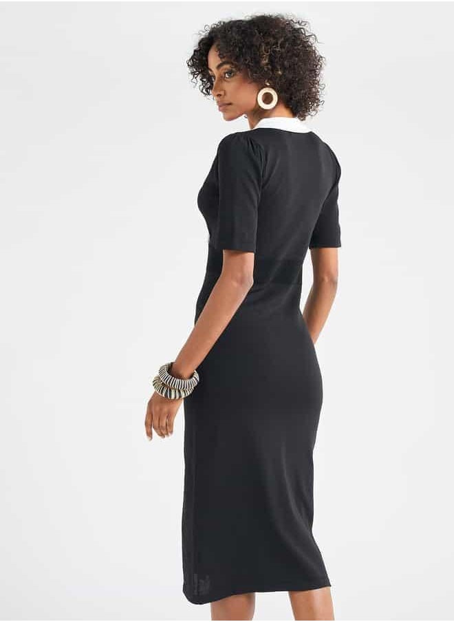 Solid Lapel Dress with Short Sleeves and Button Detail