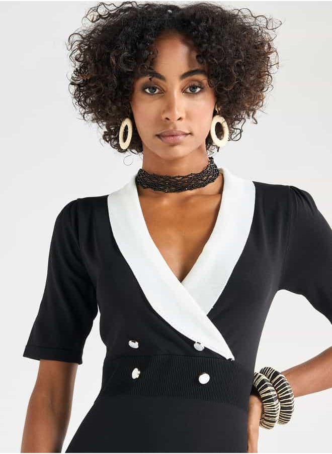 Solid Lapel Dress with Short Sleeves and Button Detail