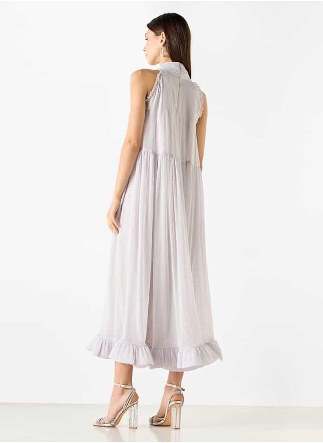 Iconic Embellished Sleeveless Midi Dress with High Neck and Flounce Hemline