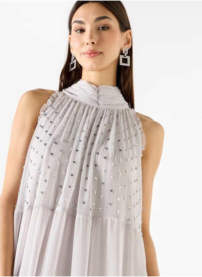 Iconic Embellished Sleeveless Midi Dress with High Neck and Flounce Hemline