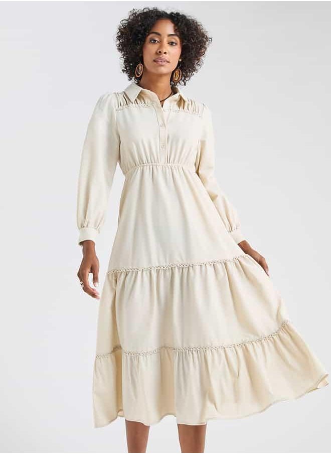 Solid Tiered Midi Dress with Puff Sleeves and Collar
