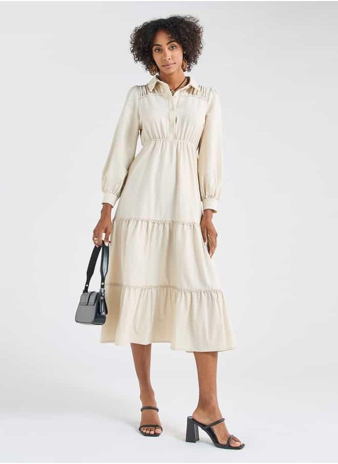 Solid Tiered Midi Dress with Puff Sleeves and Collar