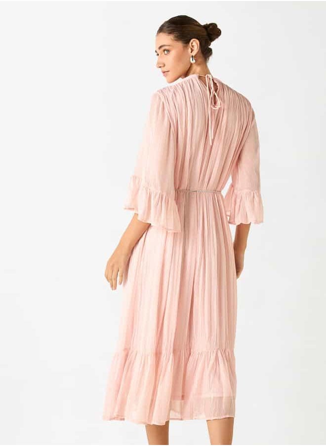 Iconic Textured Midi Dress with Round Neck and 3/4 Sleeves