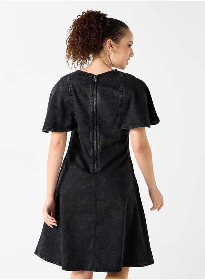 Lee Cooper Denim A-line Dress with Round Neck and Pocket