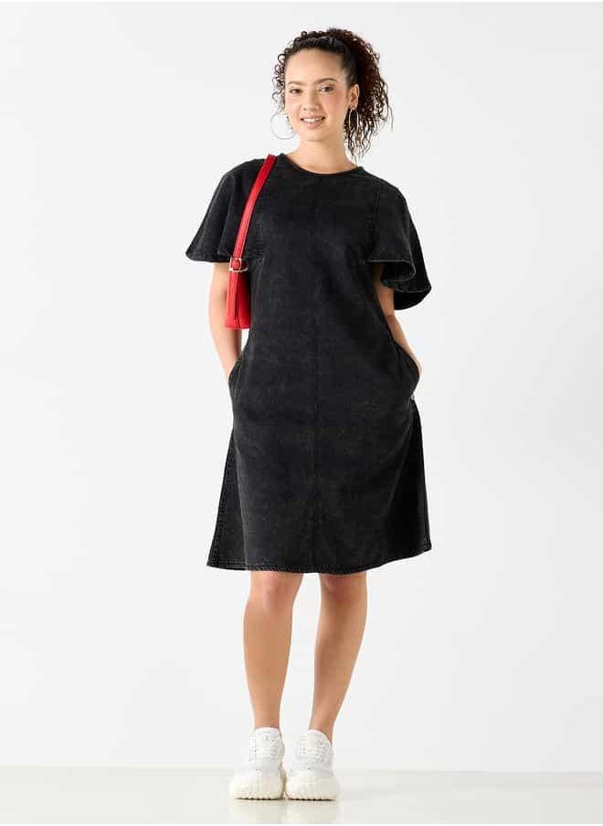 Lee Cooper Denim A-line Dress with Round Neck and Pocket