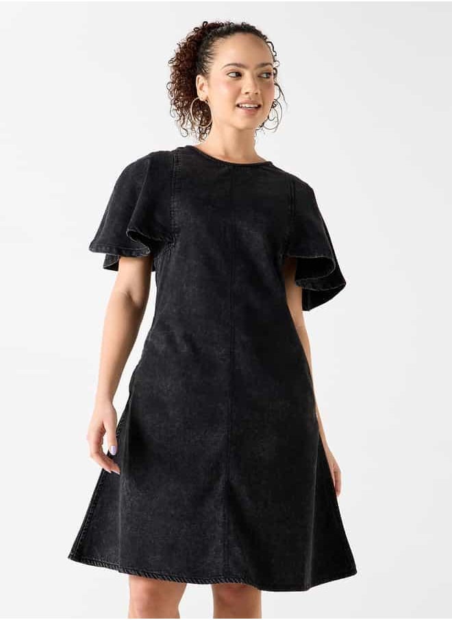 Lee Cooper Denim A-line Dress with Round Neck and Pocket