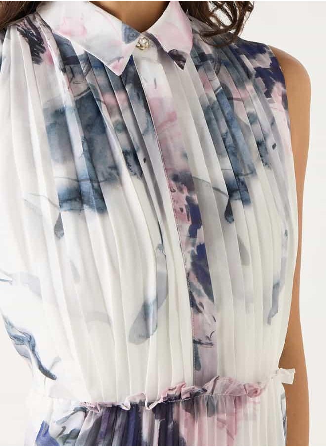Iconic Printed Sleeveless Midi Dress with Collar and Pleated Detail
