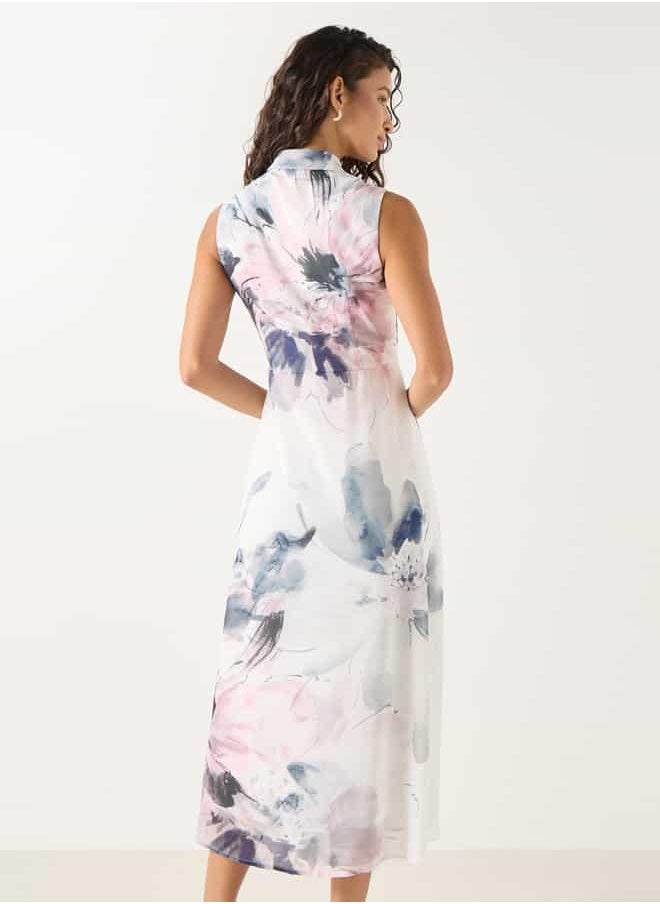 Iconic Printed Sleeveless Midi Dress with Collar and Pleated Detail