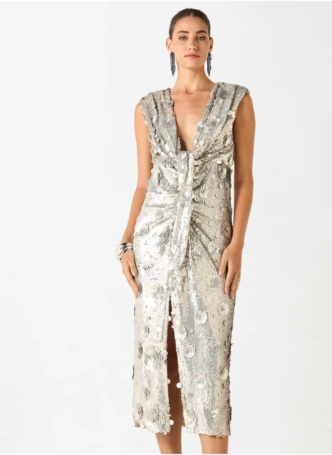 Iconic Sequin Embellished Sleeveless Dress with V-neck and Slit