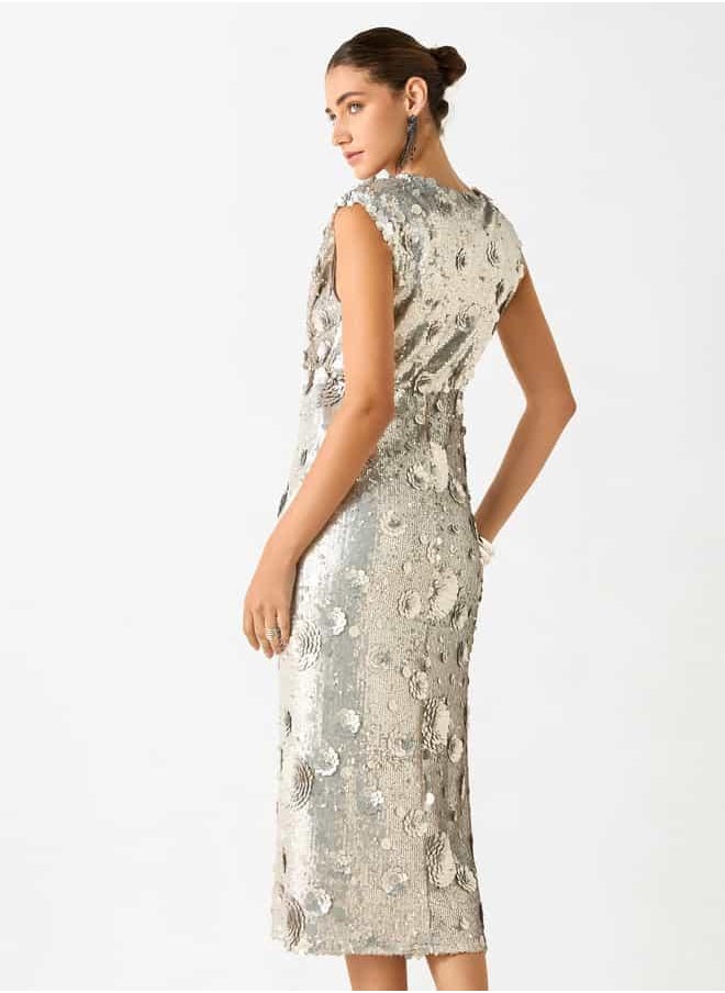 Iconic Sequin Embellished Sleeveless Dress with V-neck and Slit