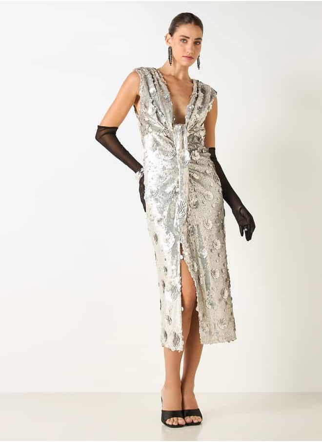 Iconic Sequin Embellished Sleeveless Dress with V-neck and Slit