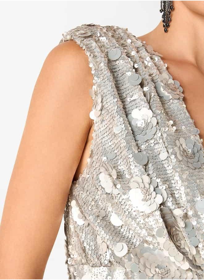 Iconic Sequin Embellished Sleeveless Dress with V-neck and Slit