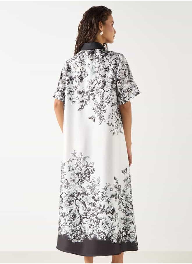 Iconic Floral Print Shirt Dress with Collar and Short Sleeves