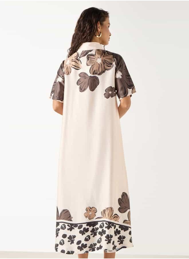 Iconic Floral Print Shirt Dress with Collar and Short Sleeves