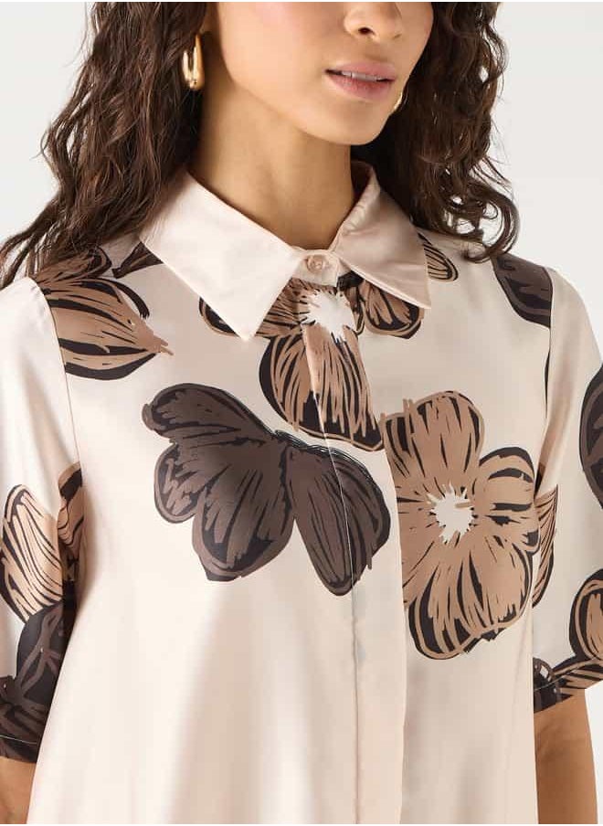 Iconic Floral Print Shirt Dress with Collar and Short Sleeves