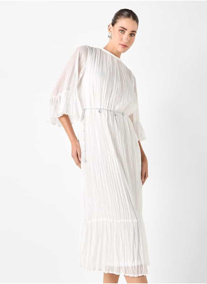 Iconic Textured Midi Dress with Round Neck and 3/4 Sleeves