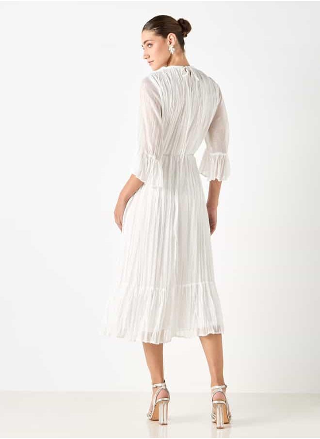 Iconic Textured Midi Dress with Round Neck and 3/4 Sleeves