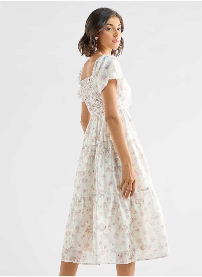 Floral Print Tiered Dress with Sweetheart Neck and Short Sleeves
