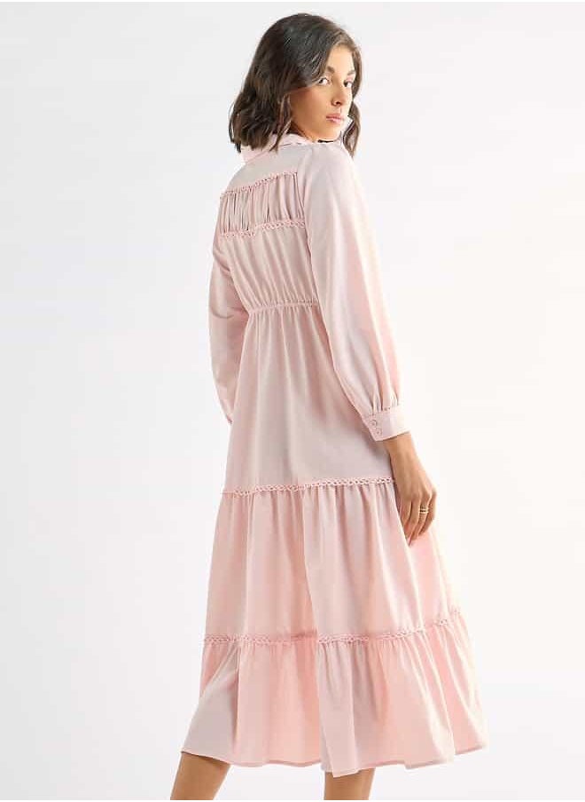 Solid Tiered Midi Dress with Puff Sleeves and Collar