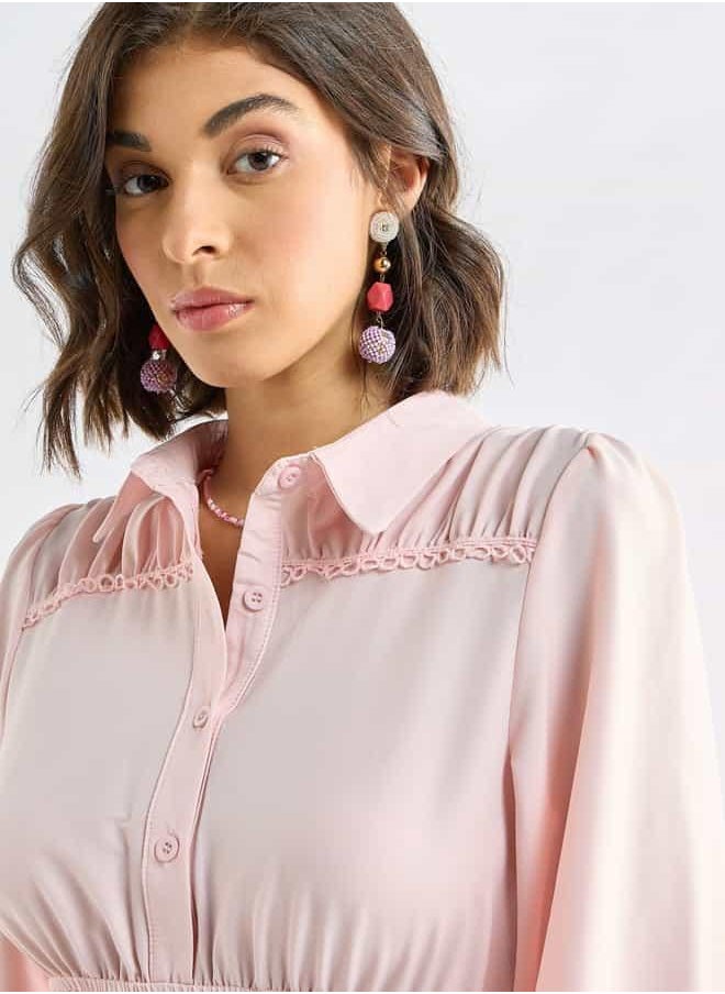 Solid Tiered Midi Dress with Puff Sleeves and Collar
