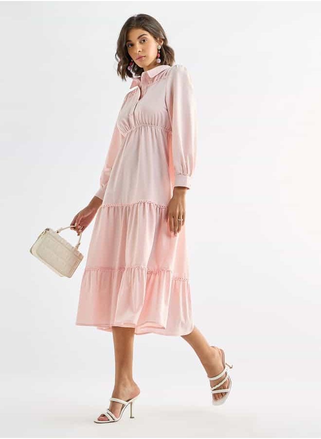 Solid Tiered Midi Dress with Puff Sleeves and Collar