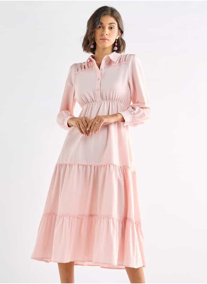 Solid Tiered Midi Dress with Puff Sleeves and Collar