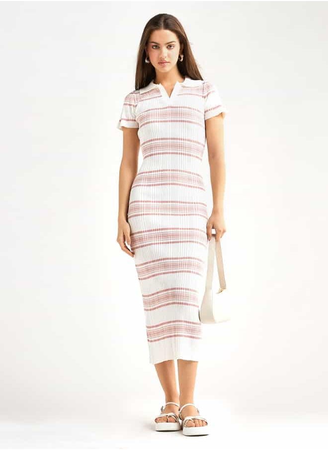 Striped Collared Bodycon Dress with Short Sleeves