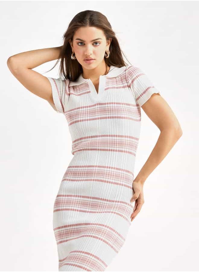 Striped Collared Bodycon Dress with Short Sleeves
