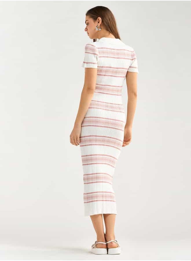 Striped Collared Bodycon Dress with Short Sleeves
