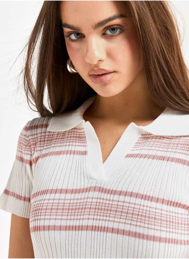 Striped Collared Bodycon Dress with Short Sleeves