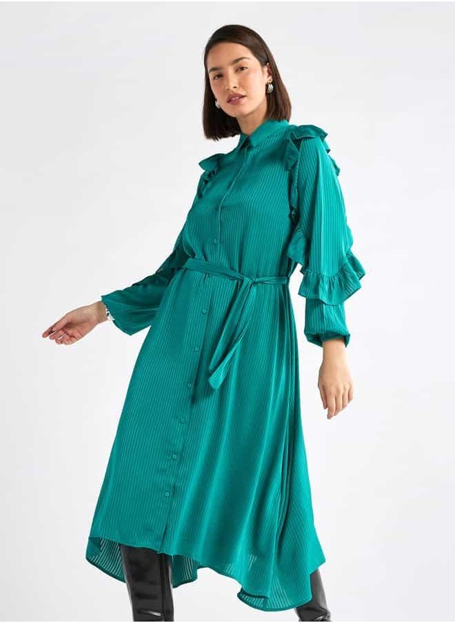 Striped Asymmetric Midi Dress with Ruffle Sleeves