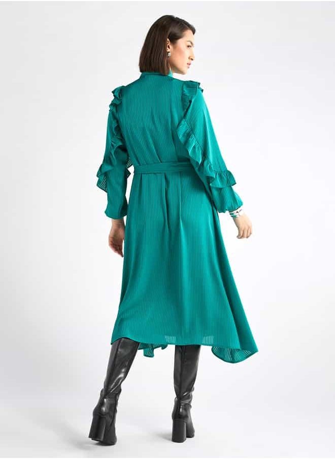 Striped Asymmetric Midi Dress with Ruffle Sleeves